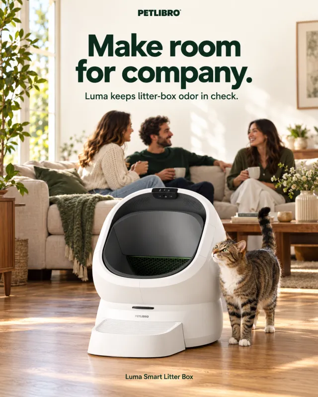 Ad for the Petlibro Luma Smart Litter Box. Three friends talk over coffee on a sofa in a bright living room while a tabby cat stands next to the white Luma on the wooden floor. Text: 'Make room for company. Luma keeps litter-box odor in check.' Footer: 'Luma Smart Litter Box'.