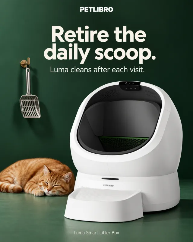 Ad for the Petlibro Luma Smart Litter Box. The white Luma against a dark green wall, with a metal litter scoop hanging on a hook and an orange cat asleep beside it. Text: 'Retire the daily scoop. Luma cleans after each visit.' Footer: 'Luma Smart Litter Box'.