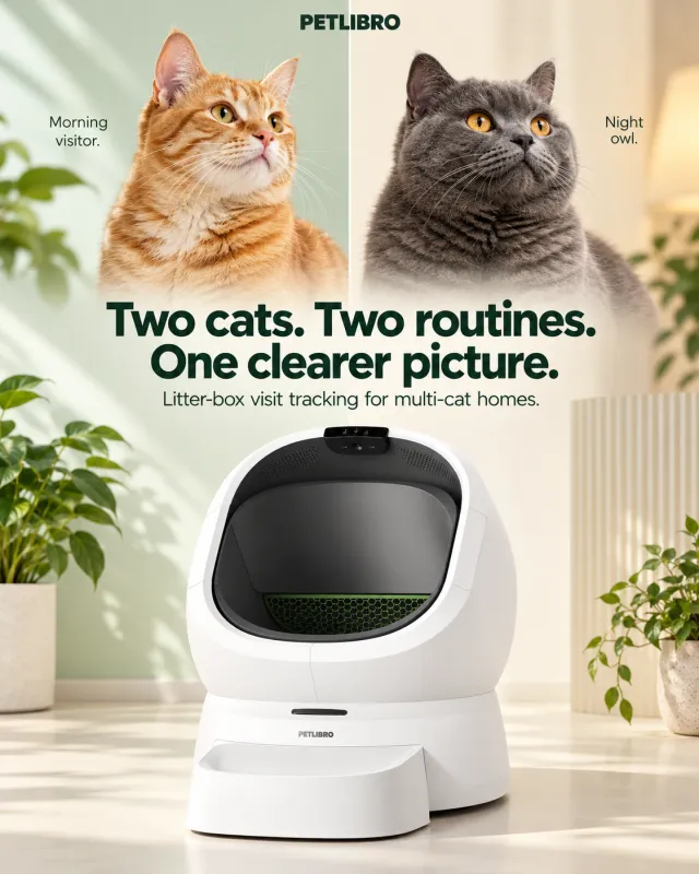 Ad for the Petlibro Luma Smart Litter Box. Portraits of an orange cat labeled 'Morning visitor' and a gray cat labeled 'Night owl' above the white Luma in a bright room. Text: 'Two cats. Two routines. One clearer picture. Litter-box visit tracking for multi-cat homes.'