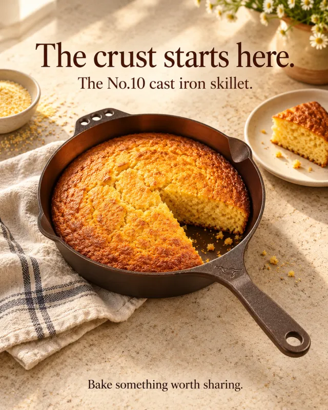 Ad for the Smithey No.10 Cast Iron Skillet. A golden cornbread in the bronze-polished skillet, with one slice cut and served on a plate beside it. Text: 'The crust starts here. The No.10 cast iron skillet. Bake something worth sharing.'